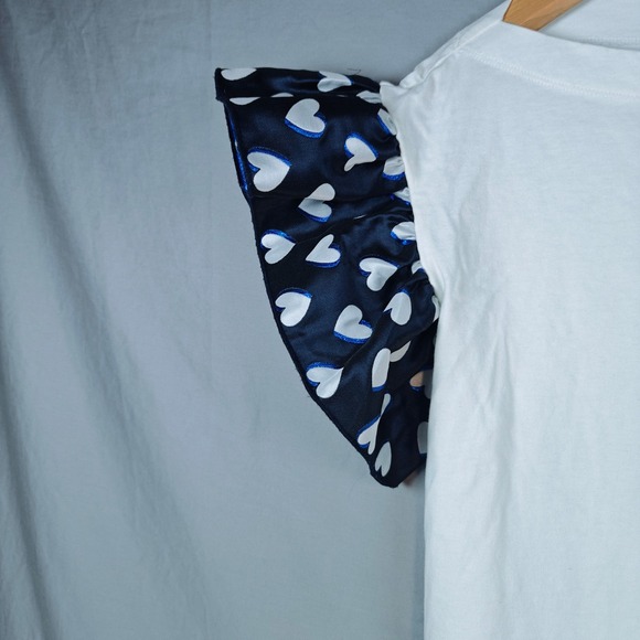 Claudie Pierlot White Boatneck Top Navy Heart Print Ruffle Cap Sleeve Size 1 - Picture 6 of 11